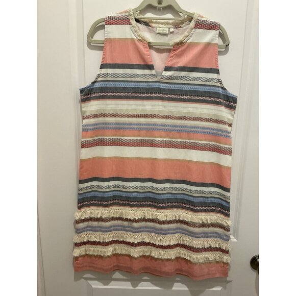 Spartina Dress Size Large Striped VNeck Fringe Embroidery Sleeveless - Picture 1 of 9